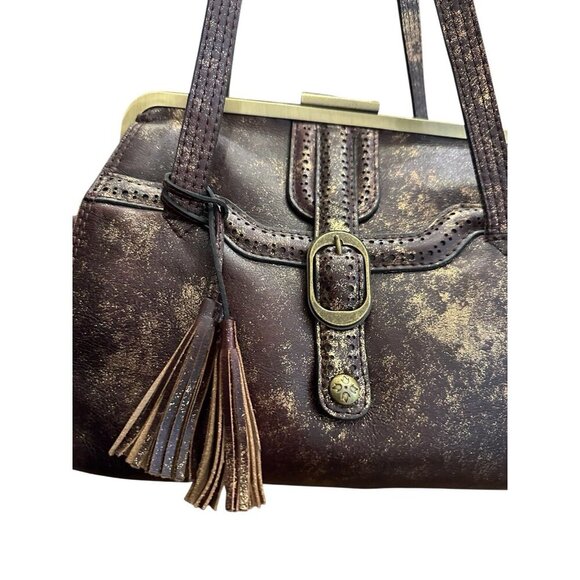 Patricia Nash Distressed Brown Leather Satchel Gold Metallic Frame Shoulder Bag - Picture 2 of 9
